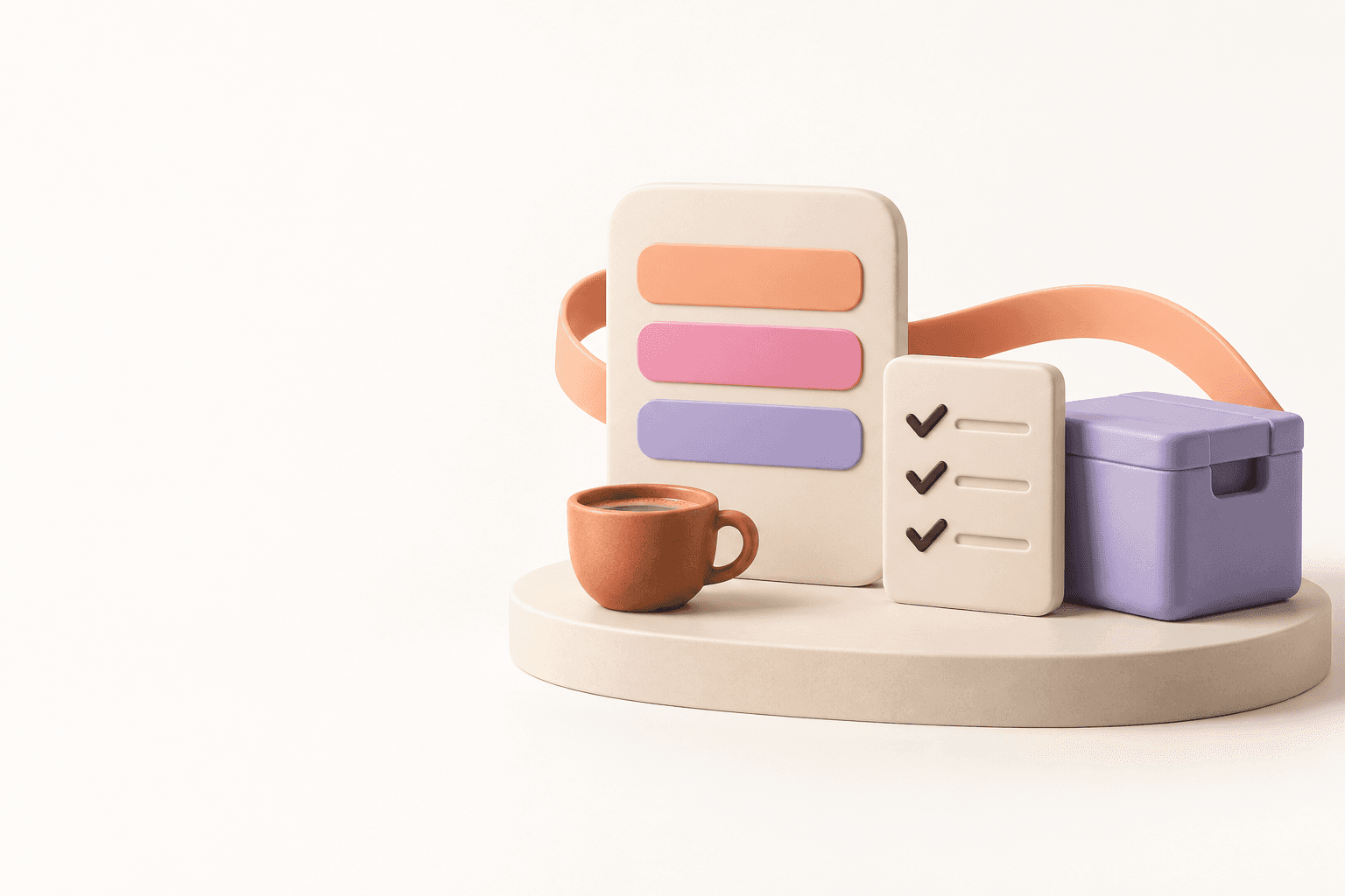 A warm ceramic schedule, checklist and stock box, connected by a peach ribbon beside a coffee cup.