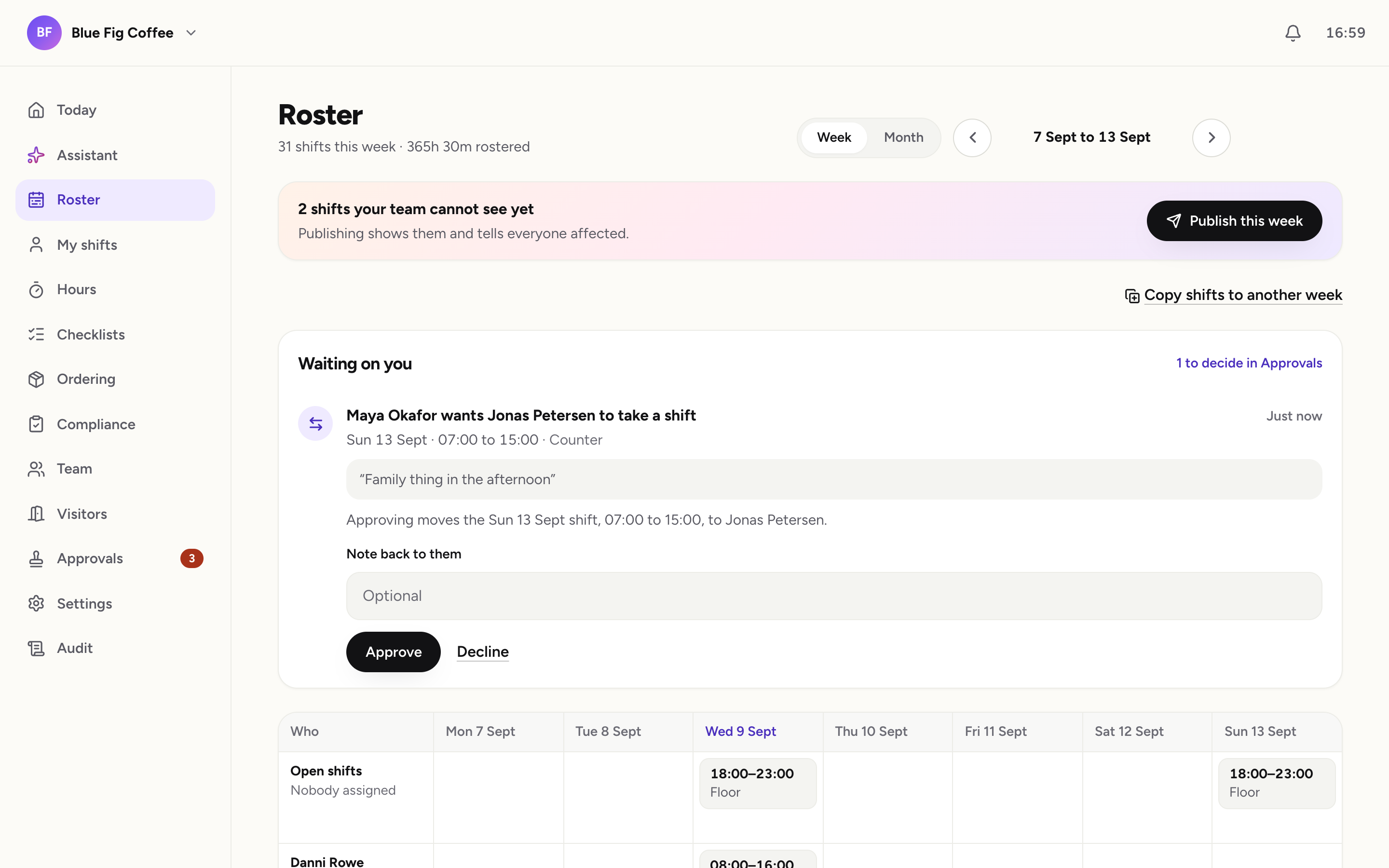 Shiftly AI roster with unpublished shifts and a shift swap waiting for review.